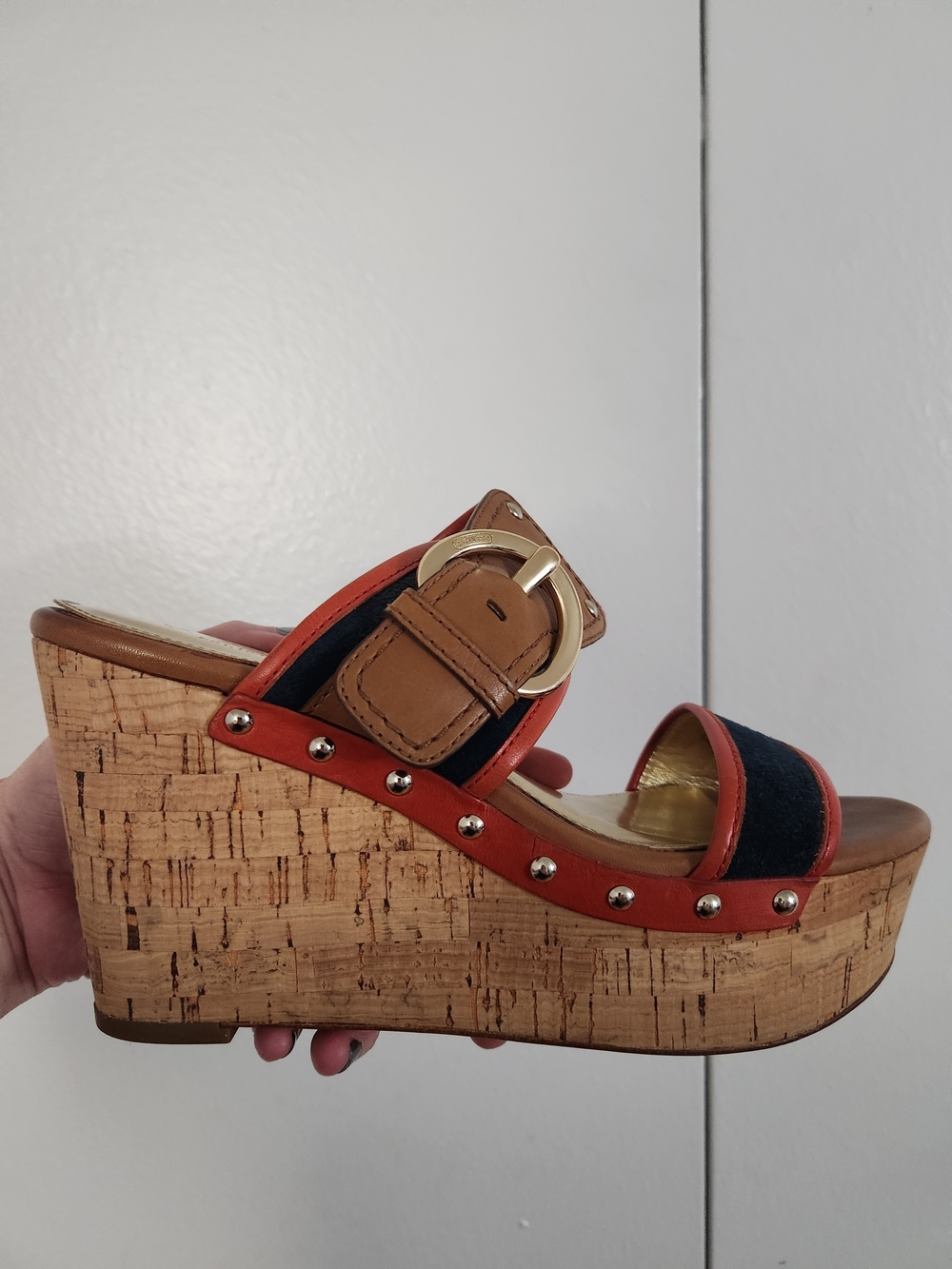 Coach Cork Wedge Sandal in Tan, Red & Navy